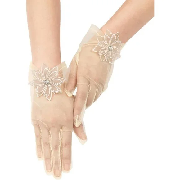 Women's Evening Champagne Mesh Lace Short Gloves Wedding Bridal Tea Party Prom - Picture 3 of 7